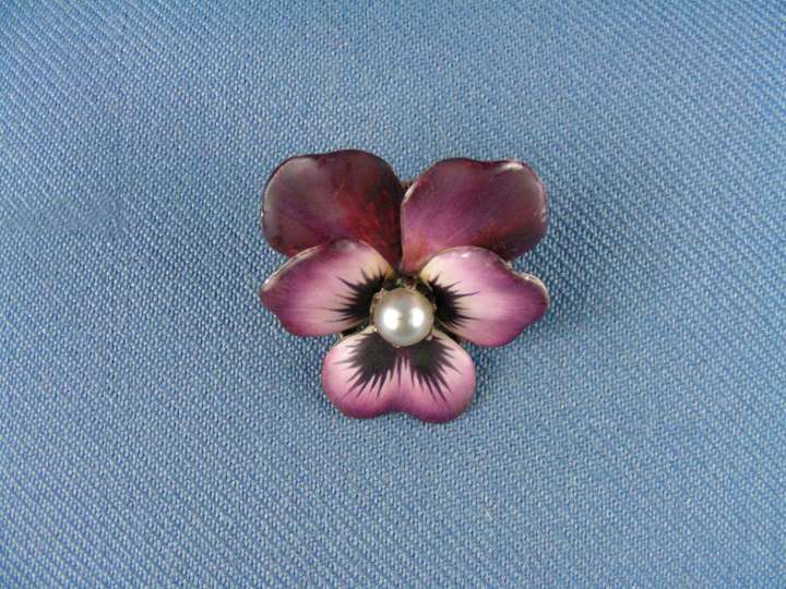 Antique magenta enamel and pearl pansy brooch